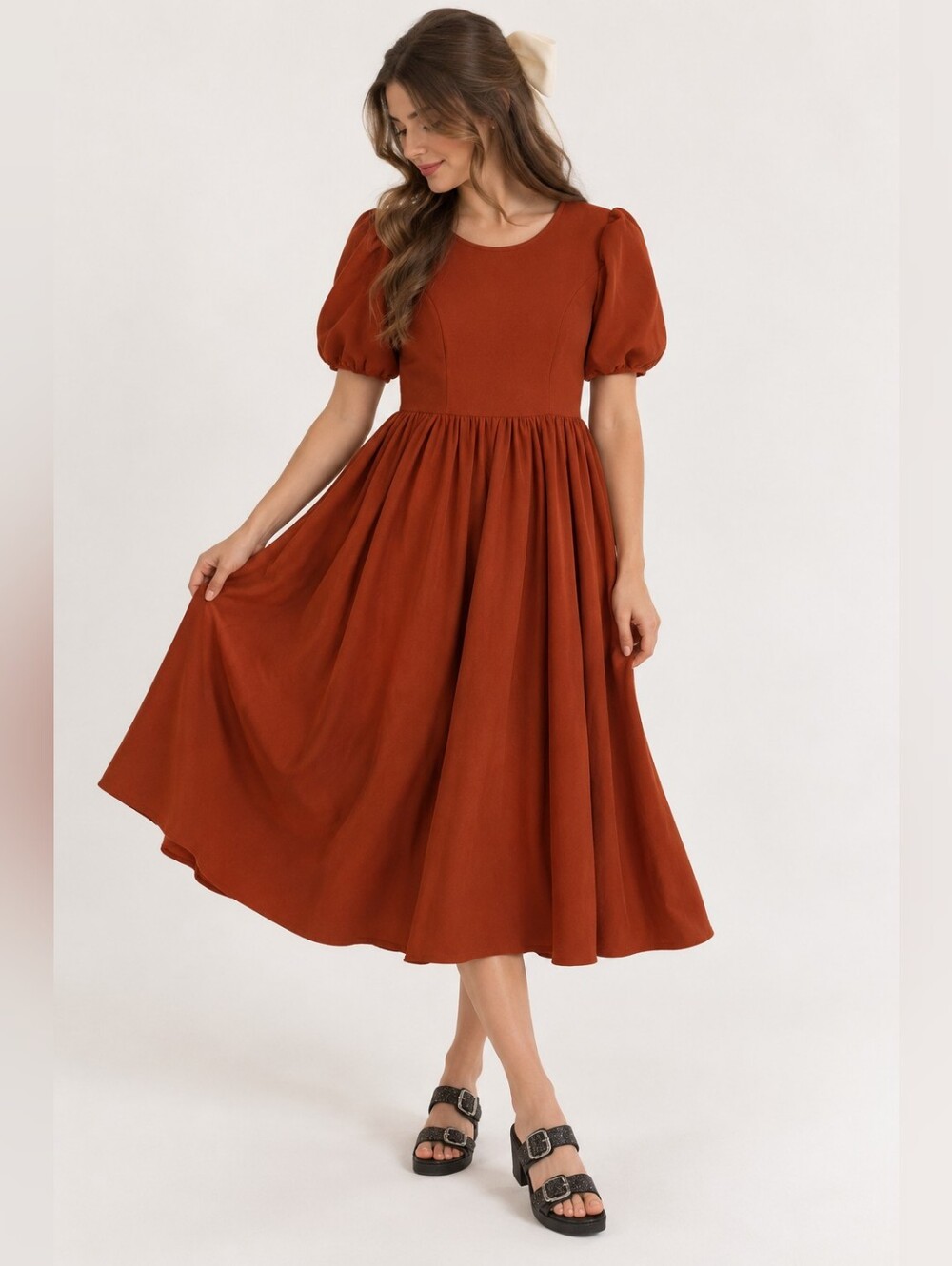 Jessakae Collection Rust Puff Sleeve Gathered Midi Dress Medium
